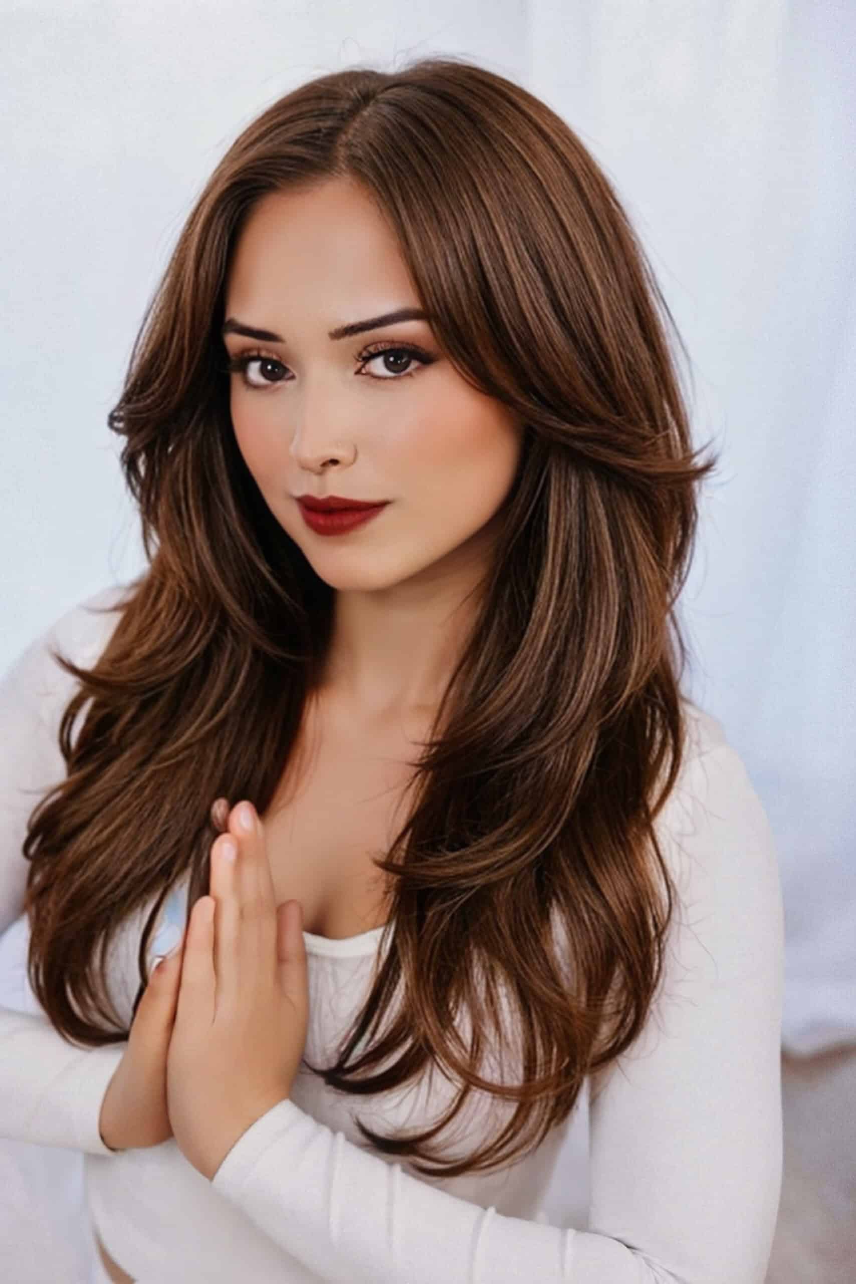 Portrait of a woman with long, wavy brown hair wearing a white top, hands pressed together near her chest in a peaceful pose.