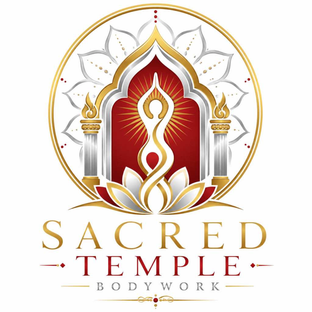 Logo for Sacred Temple Bodywork with a gold-and-red sacred-arch emblem, lotus petals, and a circular frame; text reads 'SACRED TEMPLE' and 'BODYWORK' beneath.