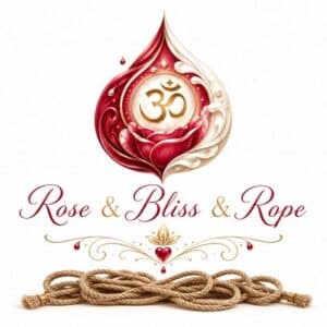 IMG_7396 - Temple of Bliss Logo for Rose & Bliss & Rope: red lotus with Om symbol, gold flourishes, and a coiled rope beneath.